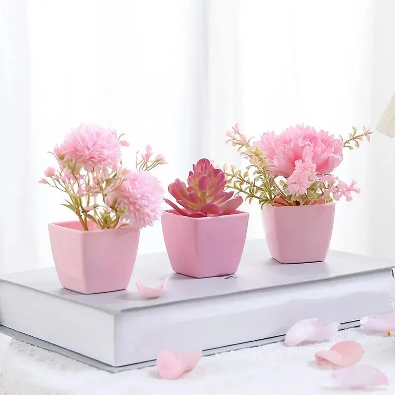 Charming Mini Artificial Flower Potted Plant for Year-Round Home and Office Décor