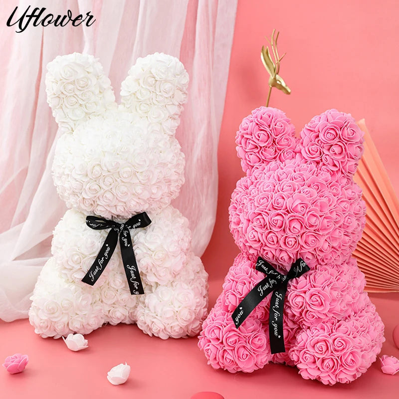 Charming Rose Rabbit - 27Cm Artificial Floral Decoration for Valentine's Day and Mother's Day Gifts