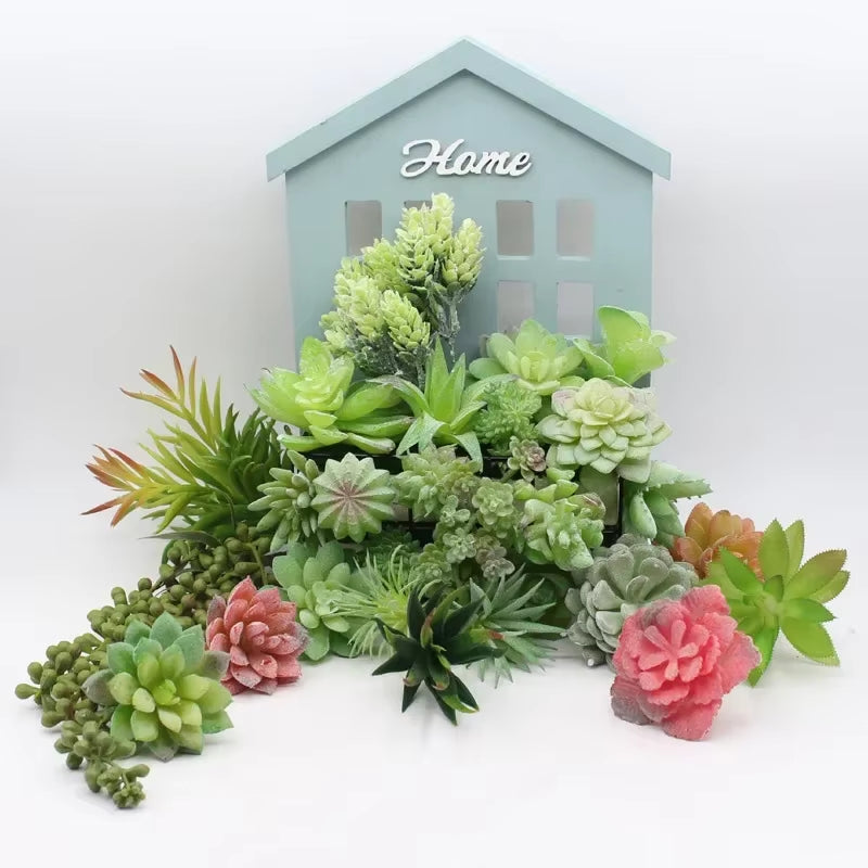 12Pcs Artificial Succulents Plants Green Faux Succulent Plant Home Garden Small Bonsai Decor Flower Desktop Fake Plants